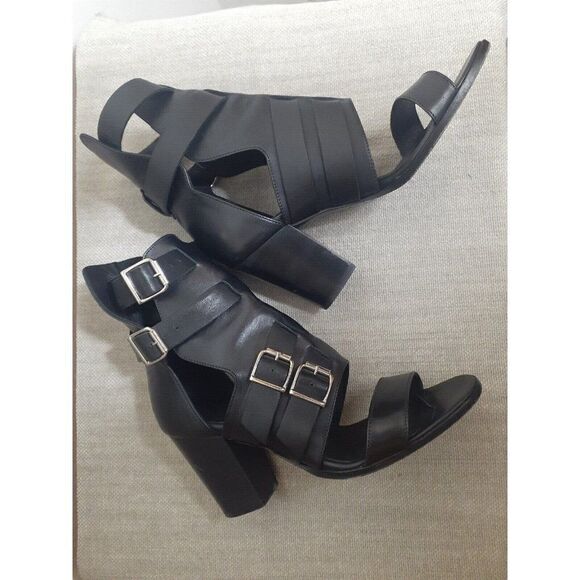 THE KOOPLES Heels Black Leather Strappy‎ Buckle  Block Heels Size 8 EU 38 - Picture 3 of 6